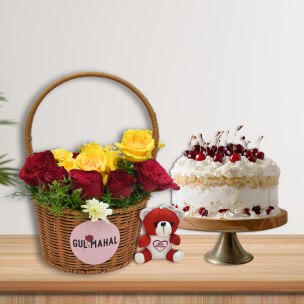 Red & Yellow Rose Basket & White Forest Cake