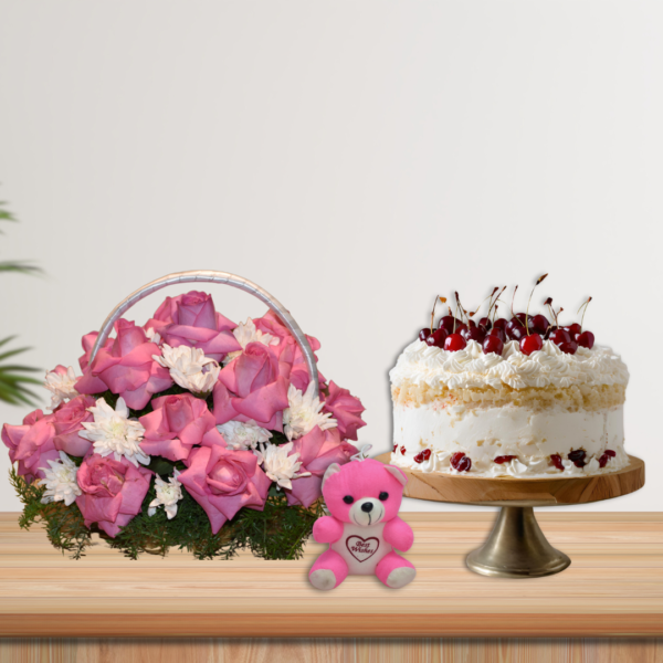 Pink rose and white chrys basket & white forest cake combo