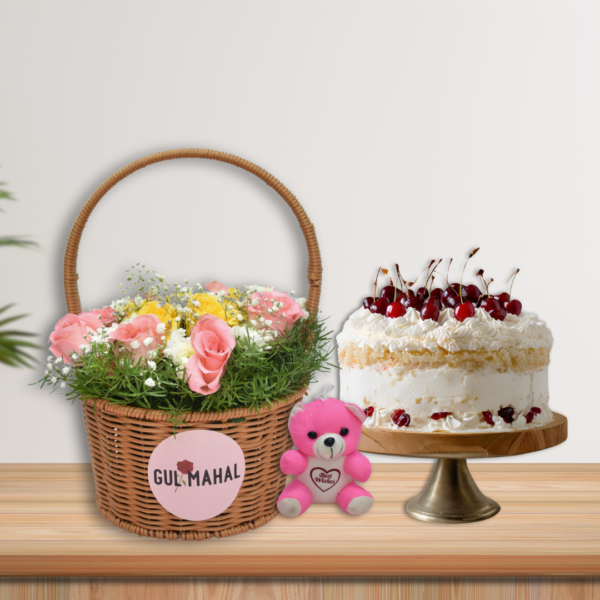 Pink & Yellow rose basket & white forest cake