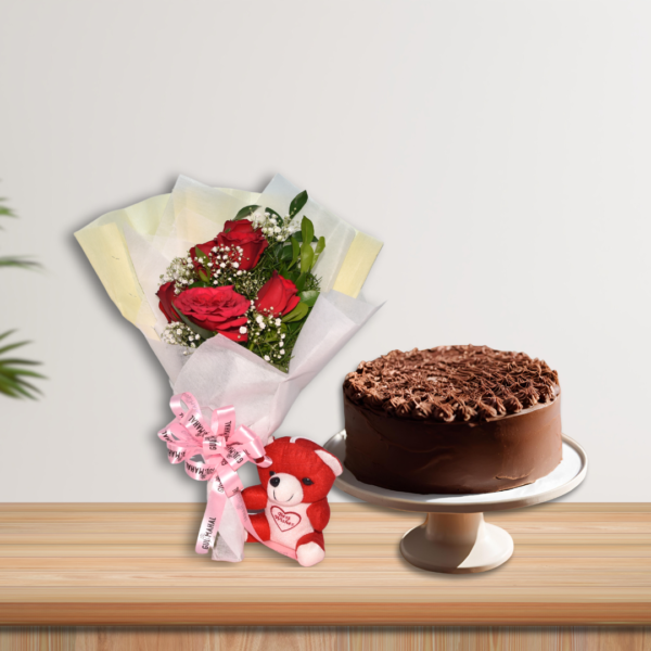 mini red rose bouquet & chocolate cake combo