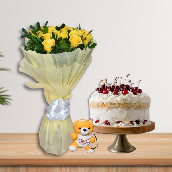 Yellow rose bouquet & white forest cake combo