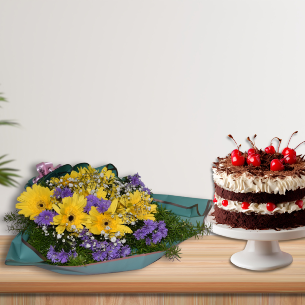 Yellow Gerbera bouquet & black forest cake combo