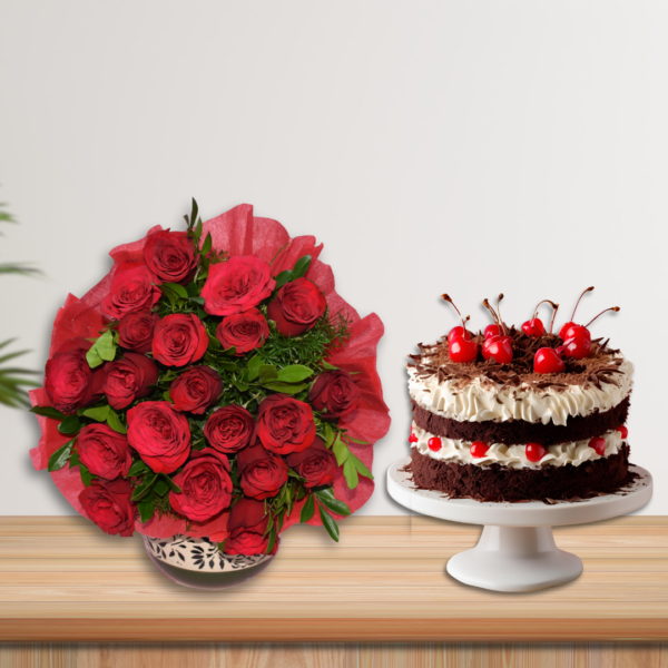 Red rose bouquet & black forest cake