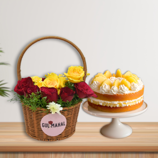 Red & Yellow Rose Basket & Pineapple Cake