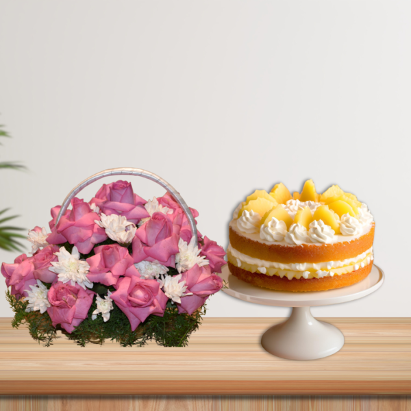 Pink rose and white chrys basket & pineapple cake combo