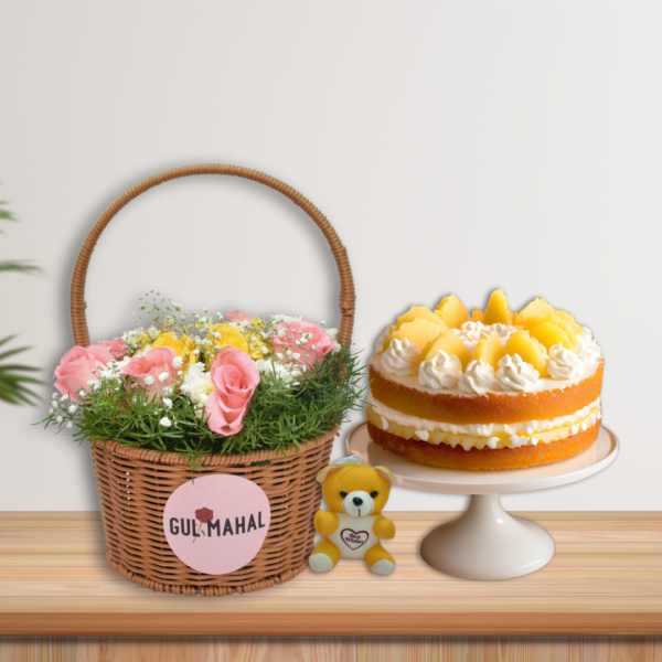 Pink & Yellow rose basket & pineapple cake