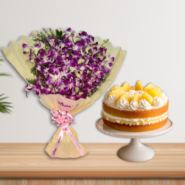 Orchid bouquet & pineapple cake combo