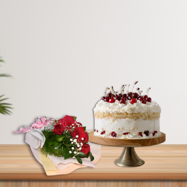 mini red rose bouquet & white forest cake combo