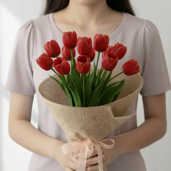 Red tulip flowers wrapped and held in hands by a girl