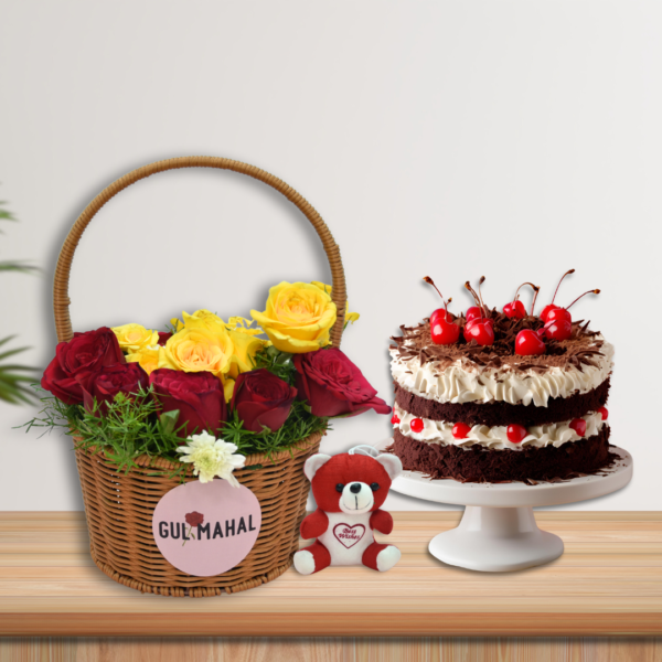 Red & Yellow Rose Basket & Black Forest Cake