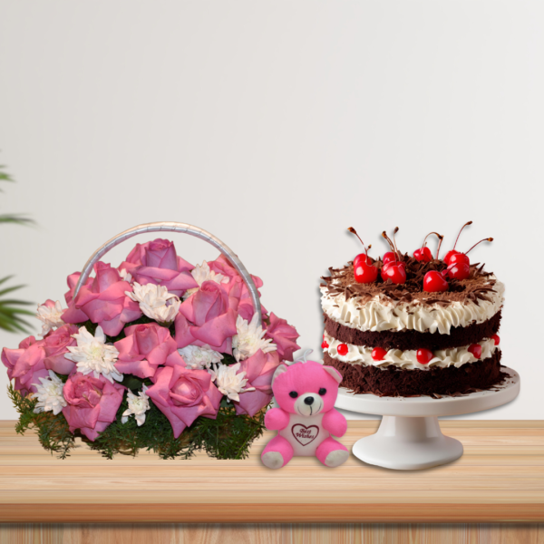 Pink rose and white chrys basket & black forest cake combo