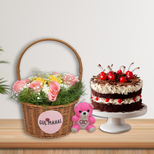 Pink & Yellow rose basket & black forest cake