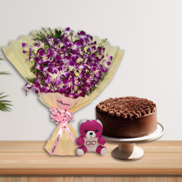 Orchid bouquet & chocolate cake combo