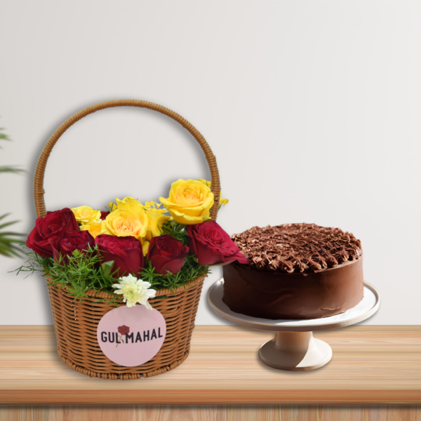 Red & Yellow Rose Basket & Chocolate Cake