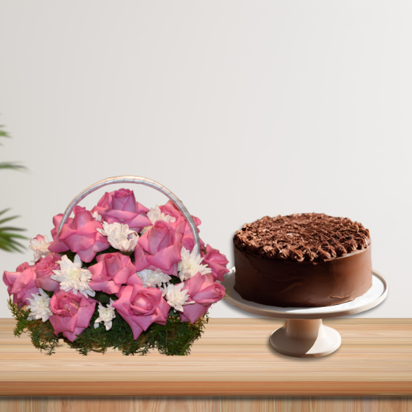 Pink rose and white chrys basket & chocolate cake combo