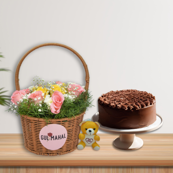 Pink & Yellow rose basket & chocolate cake