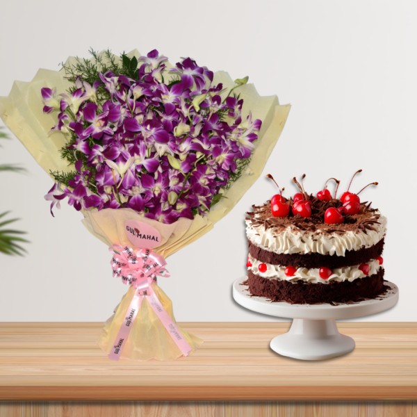 Orchid bouquet & black forest cake combo