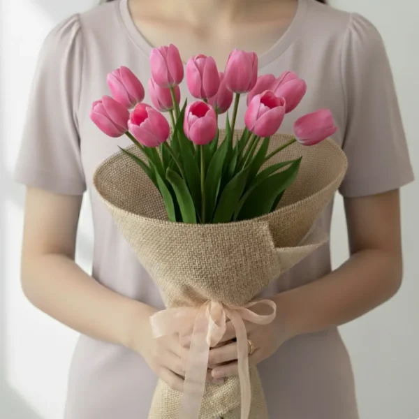 Pink tulip flowers wrapped and held in hands by a girl