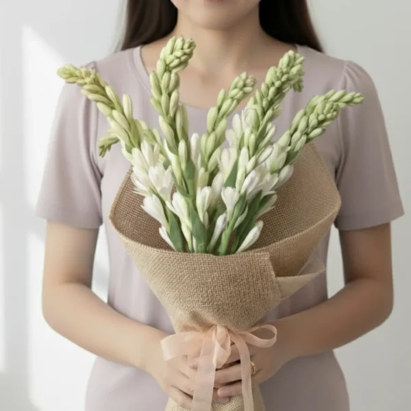 Tuberose wrapped and held in hands by a woman