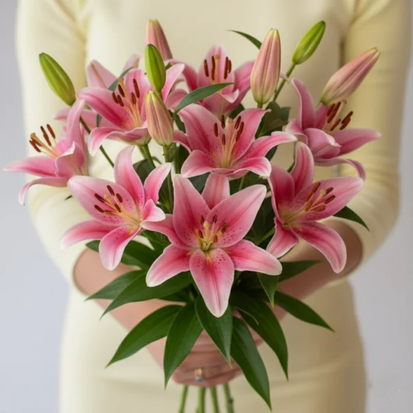 Pink Asiatic Lilies held in hands