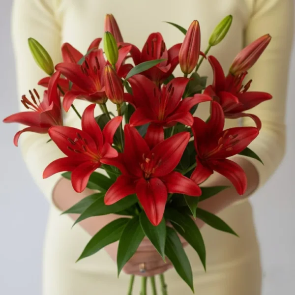 Red Asiatic Lilies held in hand