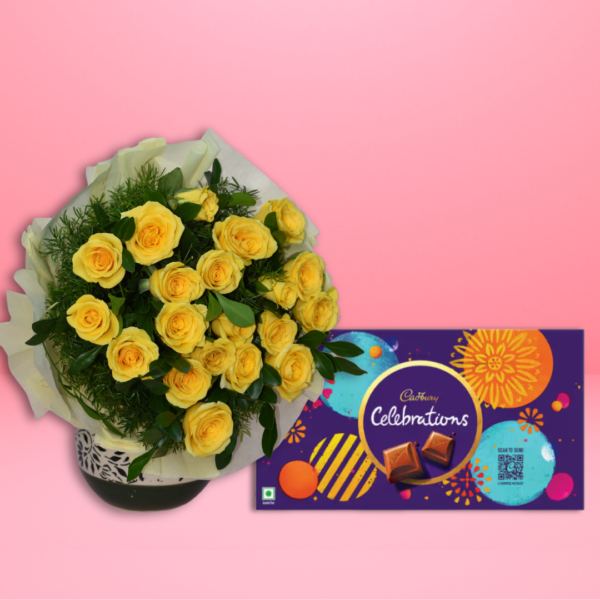 Yellow Rose Flower bouquet & Cadbury Celebrations Chocolate combo