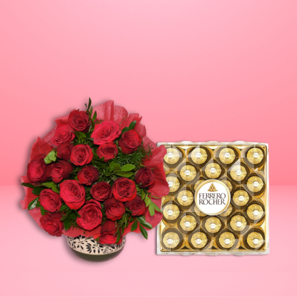 Red Rose Flower bouquet & Ferrero Rocher Chocolate combo