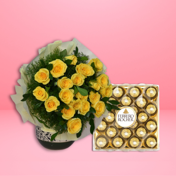 Yellow Rose Flower bouquet & Ferrero Rocher Chocolate combo