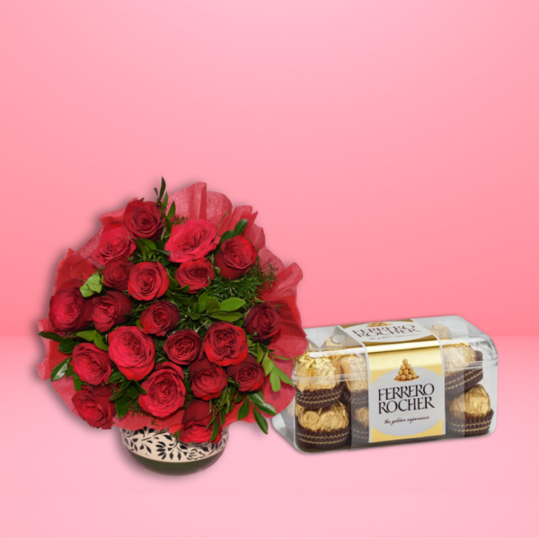 Red Rose Flower bouquet & Ferrero Rocher Chocolate combo