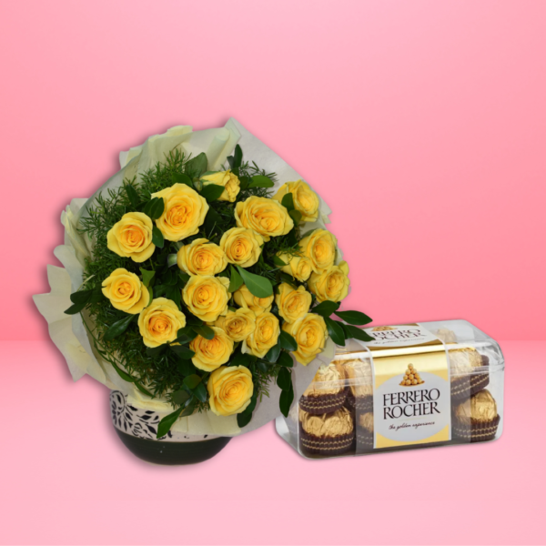 Yellow Rose Flower bouquet & Ferrero Rocher Chocolate combo