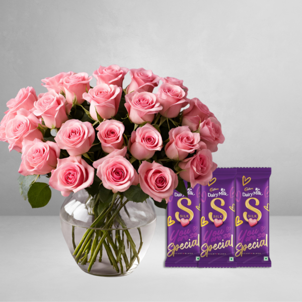 Pink Roses & Cadbury Silk chocolate combo