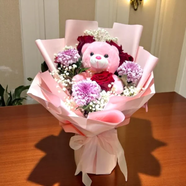 Teddy bear & Mixed flower bouquet