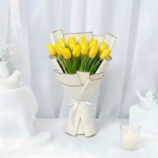 Yellow tulips bouquet wrapped beautifully in Korean Paper
