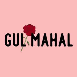 The logo of Gulmahal flowers - It has Gulmahal written with a rose in between