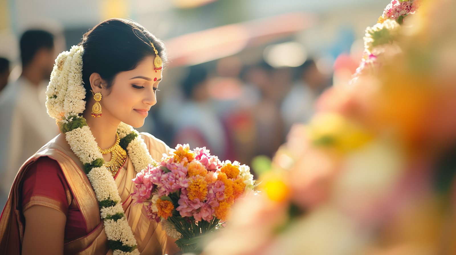 A Malayali bride walking down the aisle in floral ornaments holding a bouquet in her hand