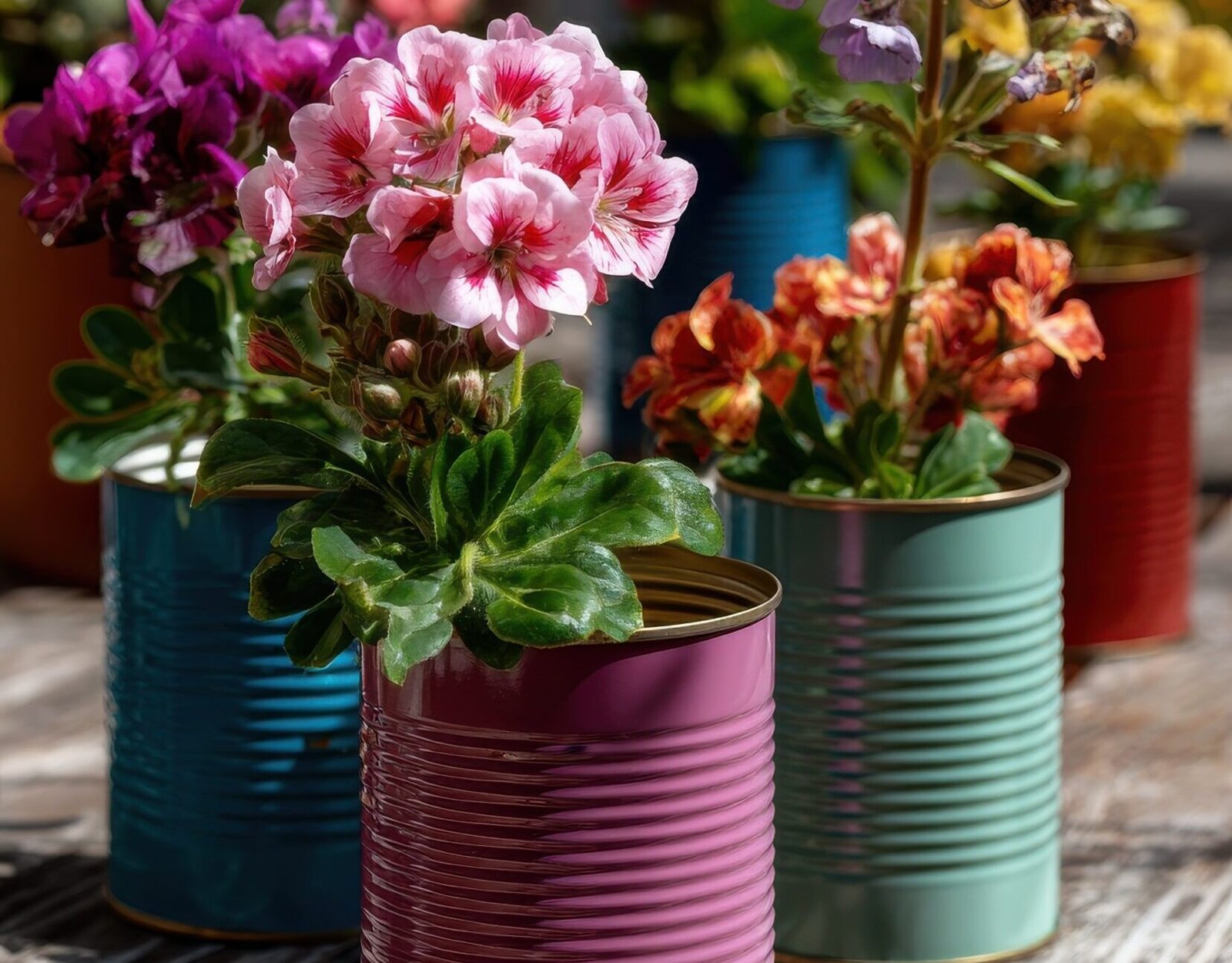 Colourful flowers planted in repurposed tin cans used as eco-friendly planters for sustainable home décor