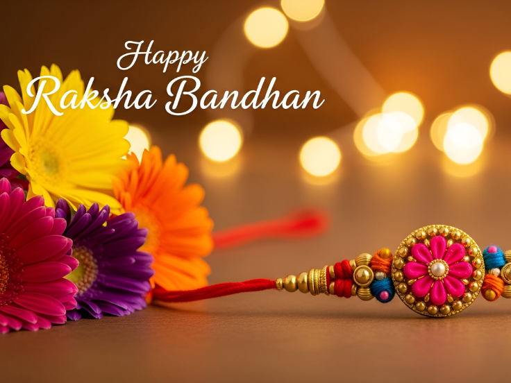 Colourful Rakhi with vibrant Gerbera flowers and festive lights in the background, with "Happy Raksha Bandhan" text overlay