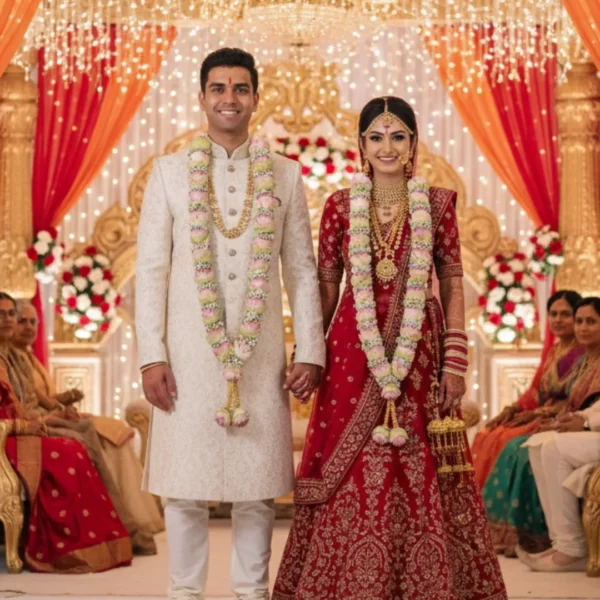 Beautiful bride & groom wearning lotus garland on the wedding day
