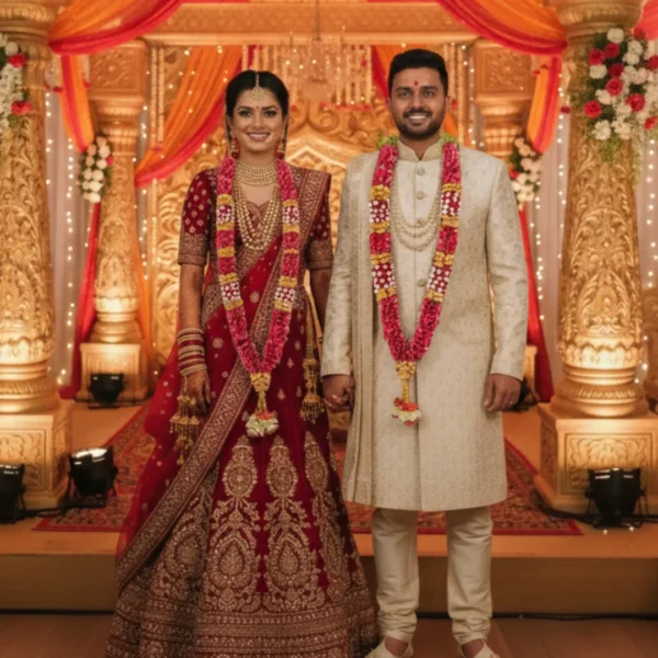 Bride and Groom wearing rose petals garland on their wedding
