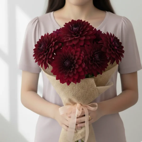 Burgundy Dahlias wrapped and held in hands by a girl