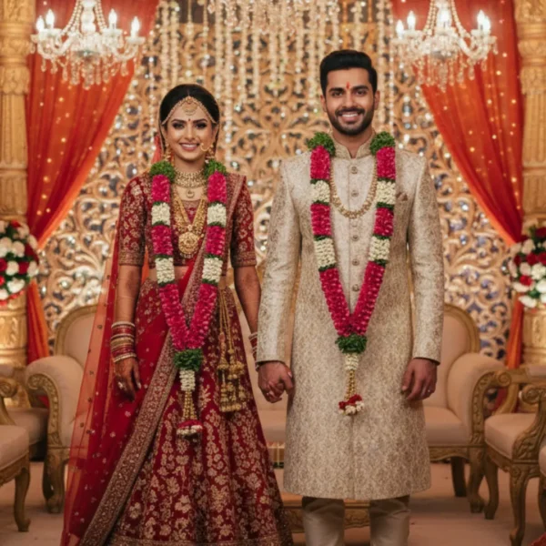 Bride and Groom wearing rose petals & jasmine garland