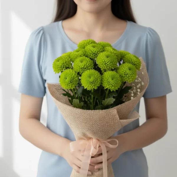 Green Disbuds Chrsyanthemums wrapped and held in hands by a girl