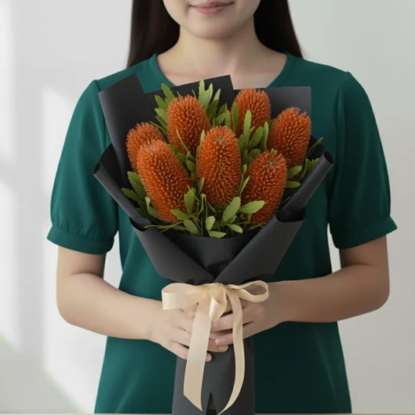Orange Banksia wrapped and held in hands by a girl
