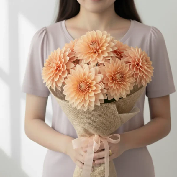 Peach Dahlias wrapped and held in hands by a girl