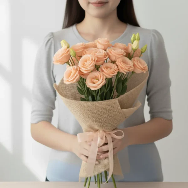 Peach Eustoma wrapped and held in hands by a girl