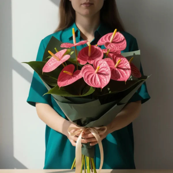 Pink Anthuriums wrapped and held in hands by a girl