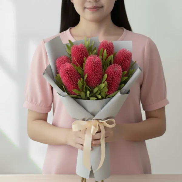 Pink Banksia wrapped and held in hands by a girl