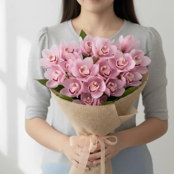 Pink Cymbidiums wrapped and held in hands by a girl