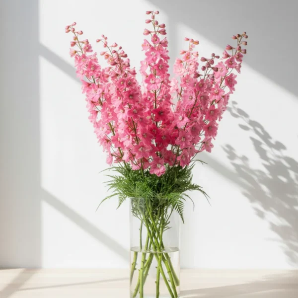 Pink Delphiniums in a vase