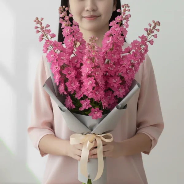 Pink Delphiniums wrapped and held in hands by a girl